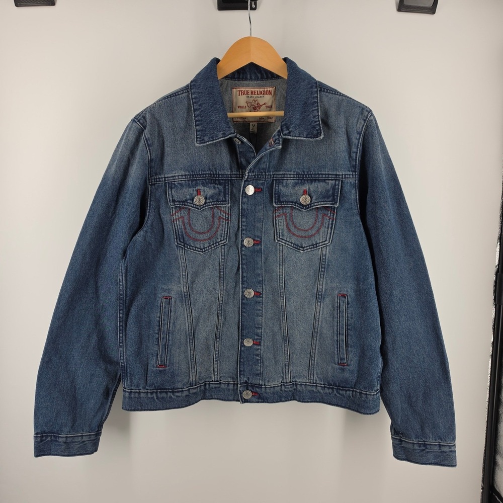 True Religion Mens Denim Trucker Jacket Blue Quartz Buddha Print 701133 L NWT